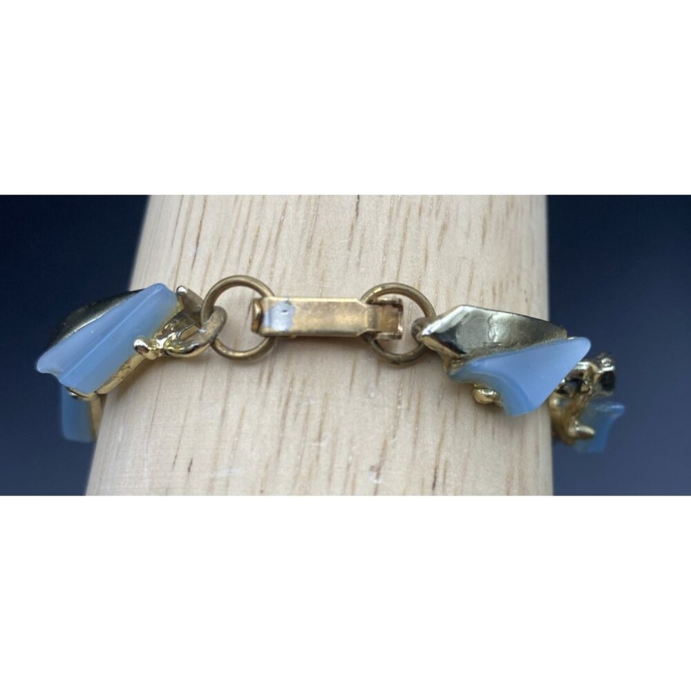 Vintage Gold Tone Link Bracelet Frosted Blue Lucite Mid-Century 6.5" Fold Over - Picture 5 of 8